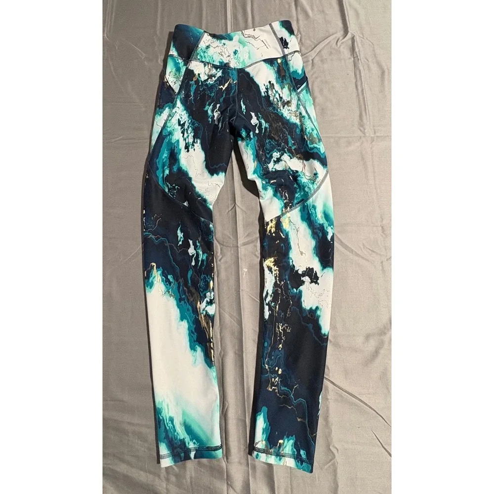 Old Navy Active PowerSoft Leggings Blue Marble Gold Foil High Rise Women L 10-12
